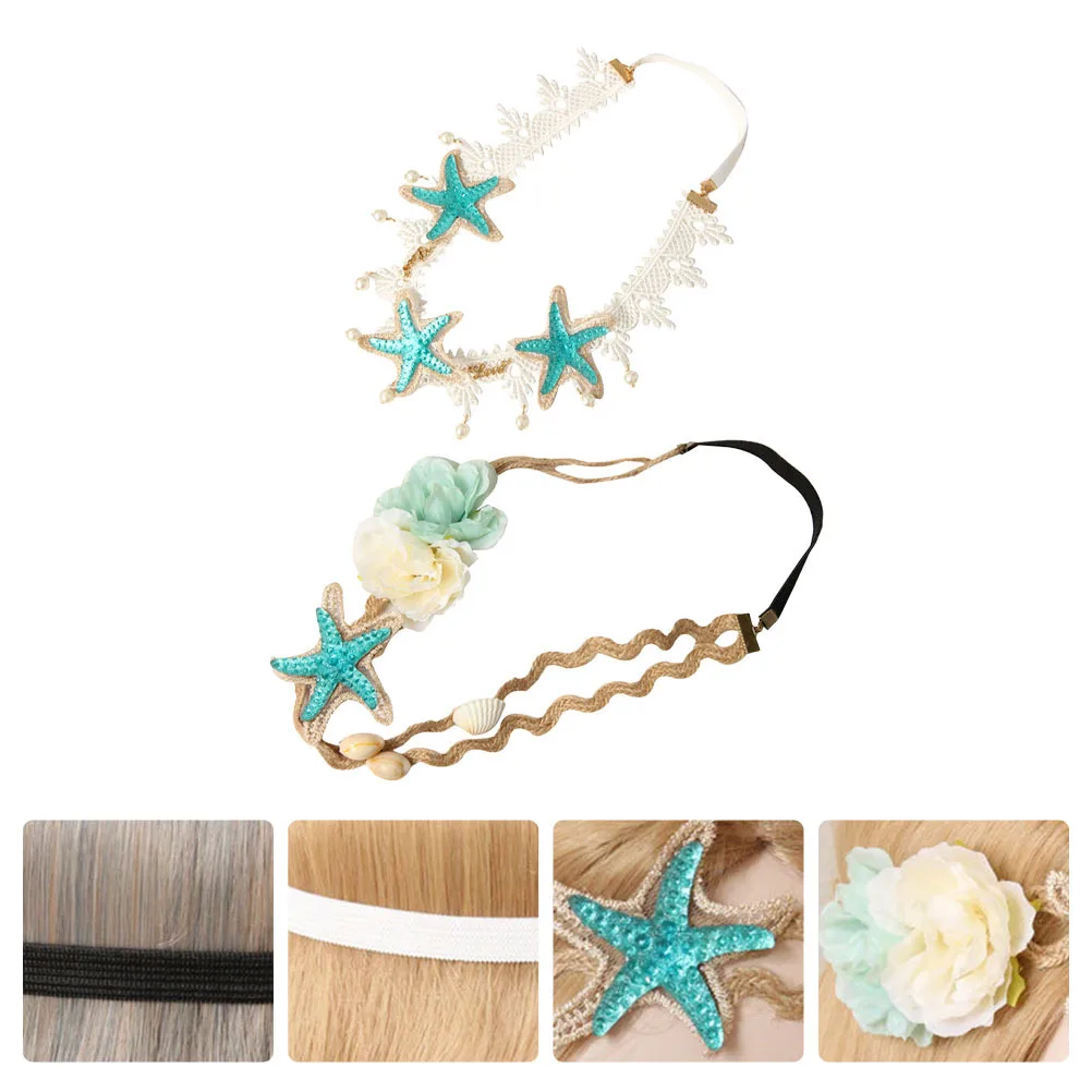 

2pcs Shell Lace Headband Elastic Hairband For Women Flower Beach Style Seashell Headwear Fashion Hair Accessories