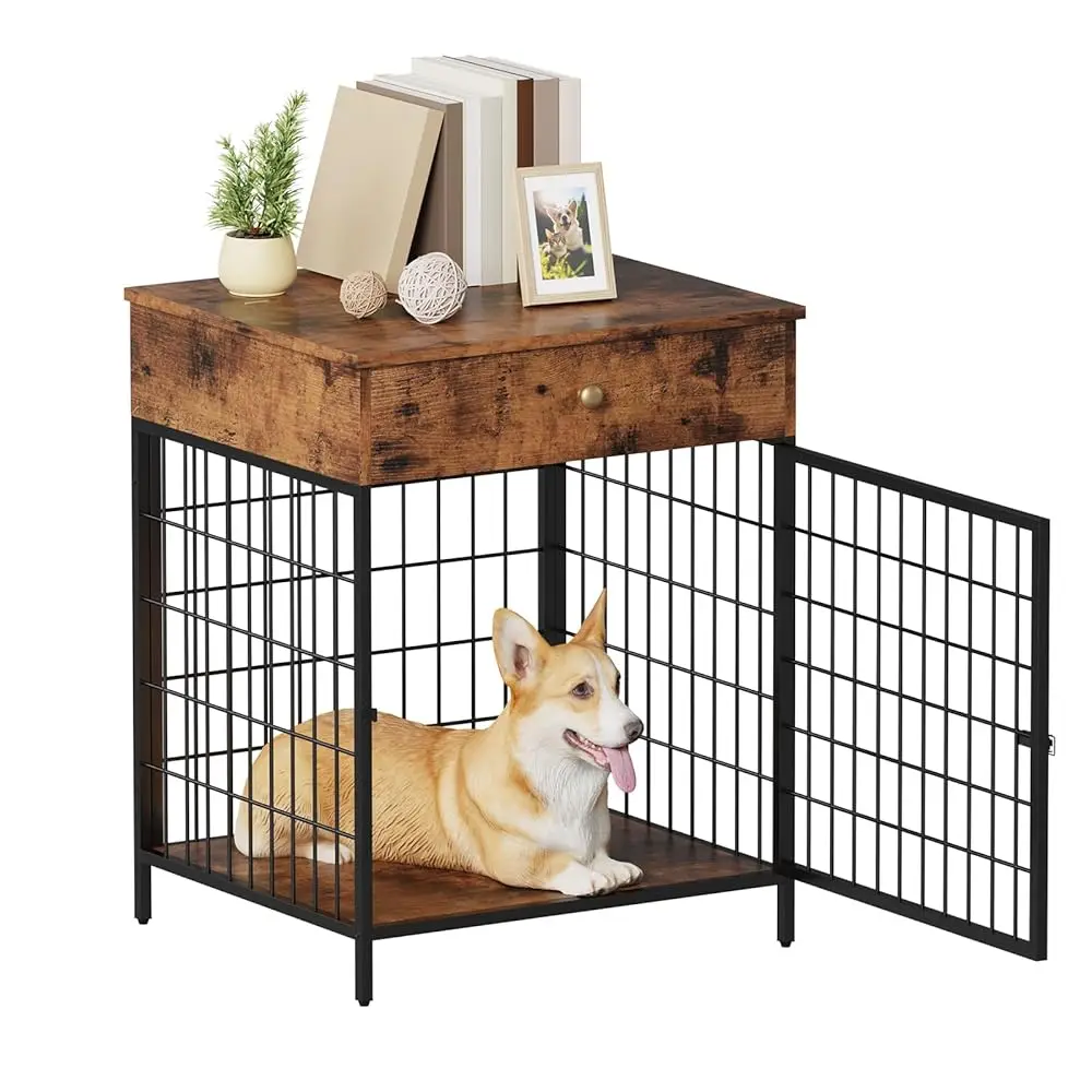 

Rustic Brown Decorative Dog Kennel With Drawer - Indoor Pet Crate End Table For Small Dog, Steel-Tube Dog Cage, Chew-Proof