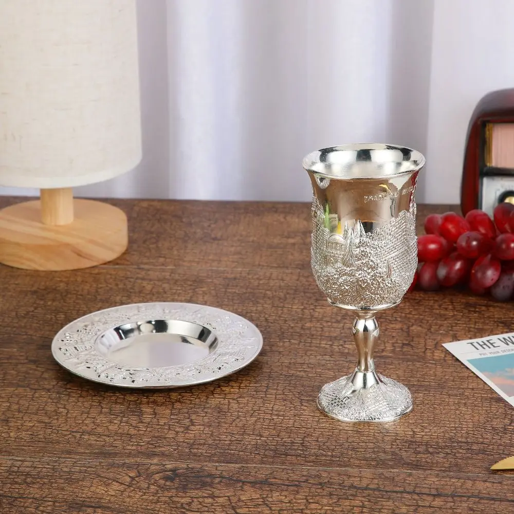 Practical Zinc Alloy Kiddush Cup Set with Tray Silver Ceremonial Cup Set European Style Elegant Wine Cup Set Festival