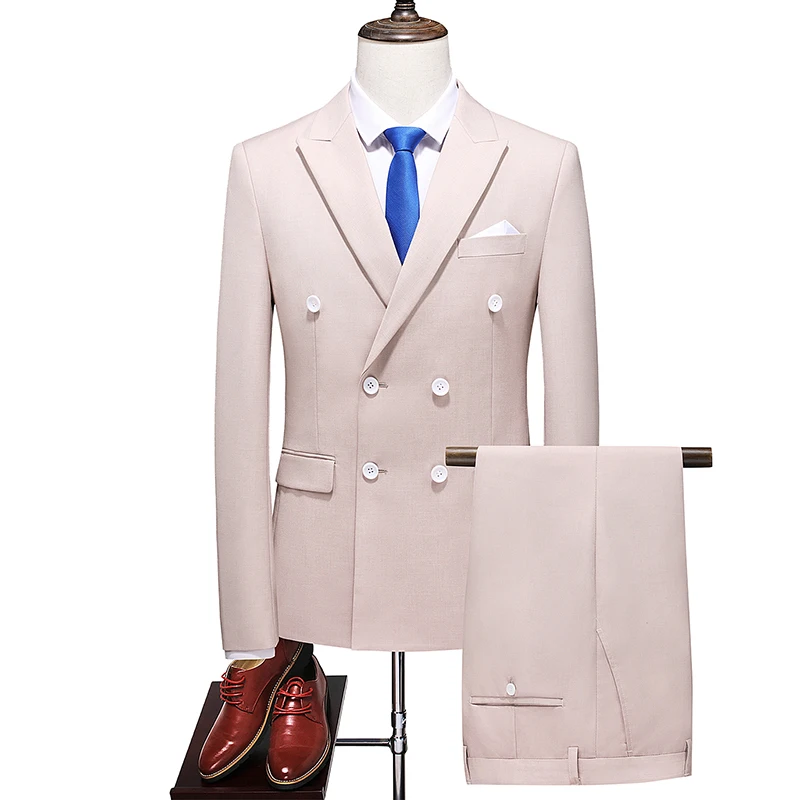 2023 Fashion New Men's Boutique Business Double Breasted Solid Color Suit Set / Male Slim Wedding 2 Pieces Blazers Jacket Pants