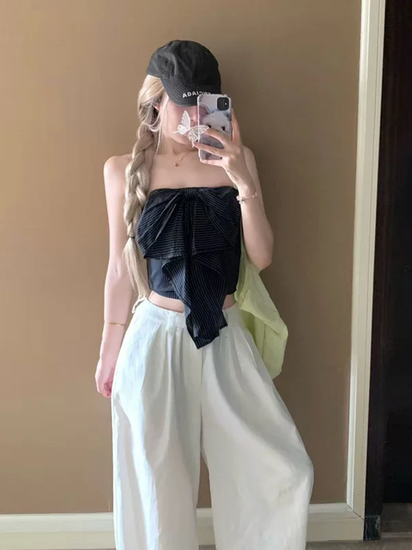 

Модный комплект из топа-бандо с узлами и широких брюк в полоску для женщин: летний новый модный костюм из двух предметов для стильных девушек