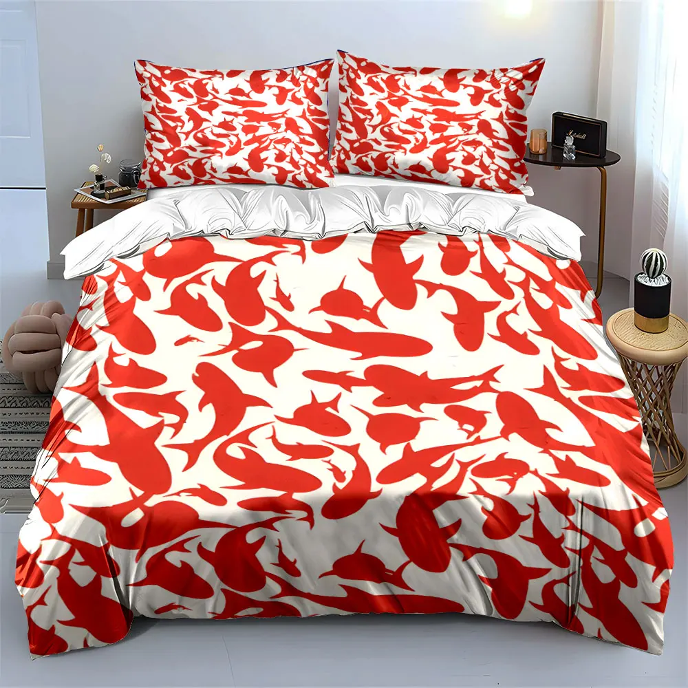 Red fish silhouette pattern Print Bedding Set 1 Duvet Cover 2 Pillowcases for Adult and Children Luxury Gift Full Size