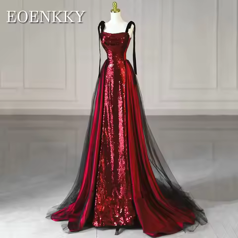 EOENKKY Burgundy Mermaid Sequin Evening Dress Detachable Train Spaghetti Straps Party Dresses Woman Customized платье вечернее