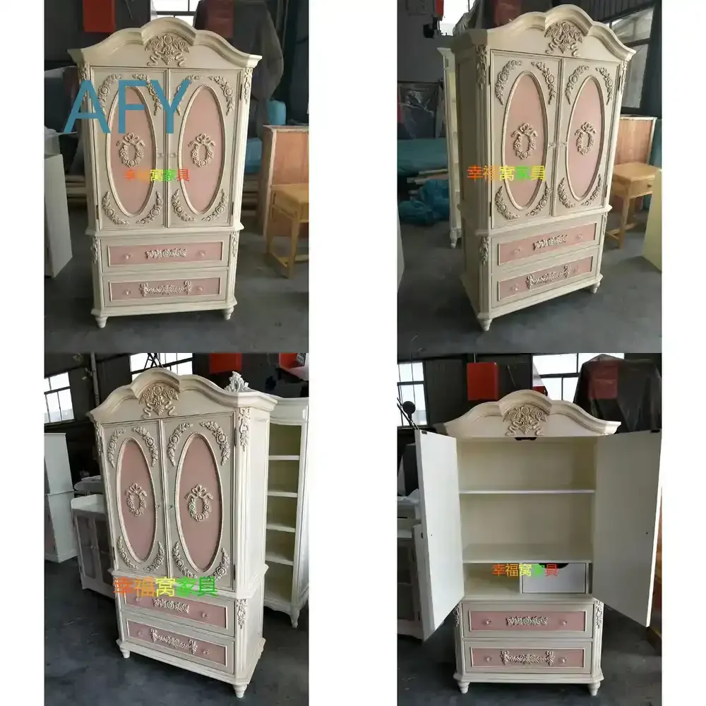 French Solid Wood Old Childrens Double Door Wardrobe for European Engraved Retro Girls Room Pink Locker for American Wardrobe