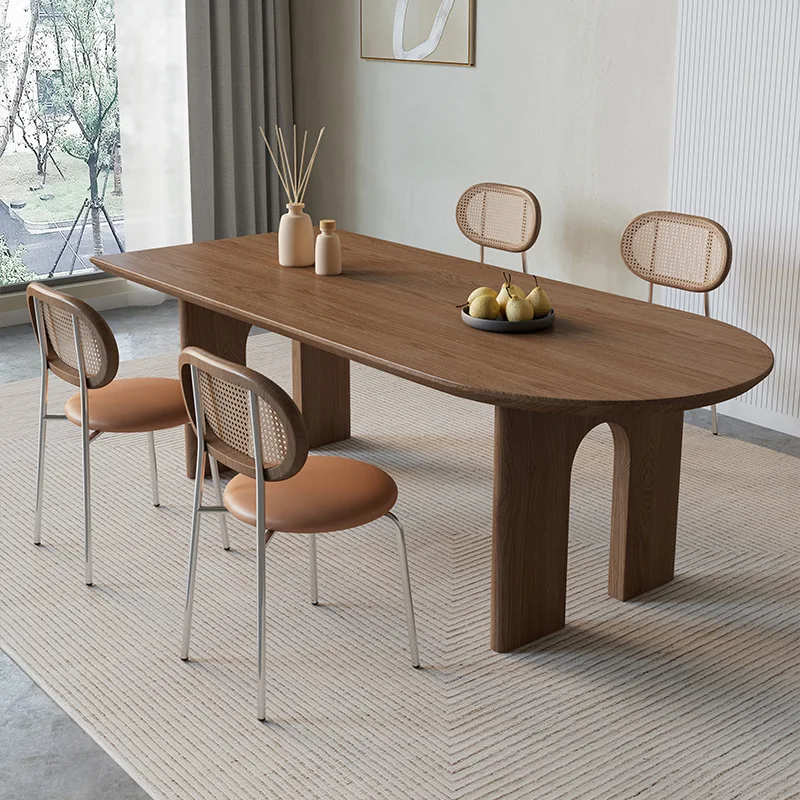 

Solid wood island dining table integrated special-shaped rectangle wall-leaning semi-circular arc oval household desk, dining ta