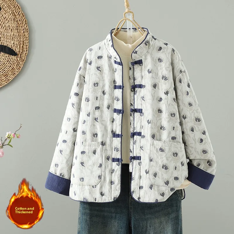 

Женское зимнее легкое хлопковое пальто с вышивкой Thiened из льна и хлопка, традиционное китайское пальто на пуговицах