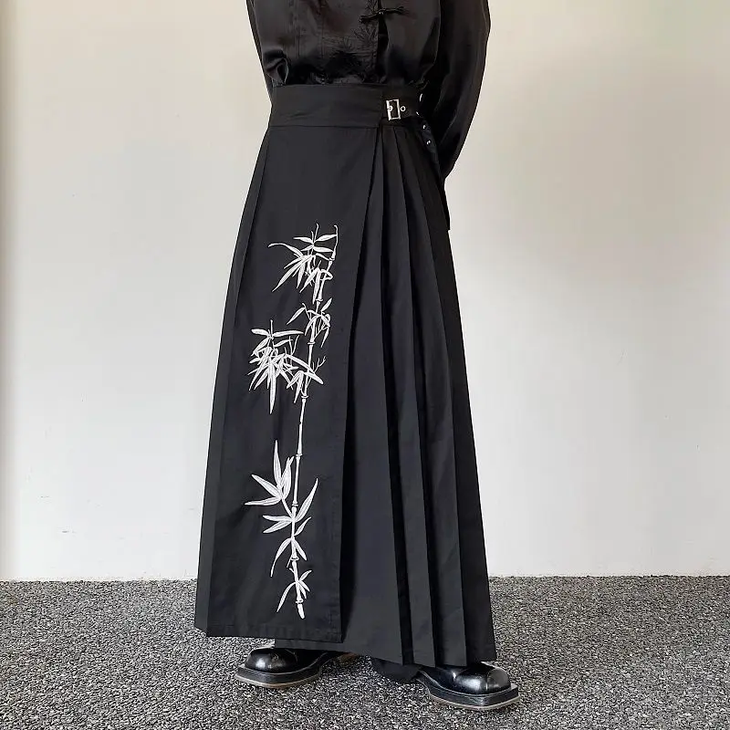 男性のための伝統的な服,黒の竹の刺bamboo,プリーツ馬の顔のスカート,トレンディなカジュアルパンツ,ファッショナブル