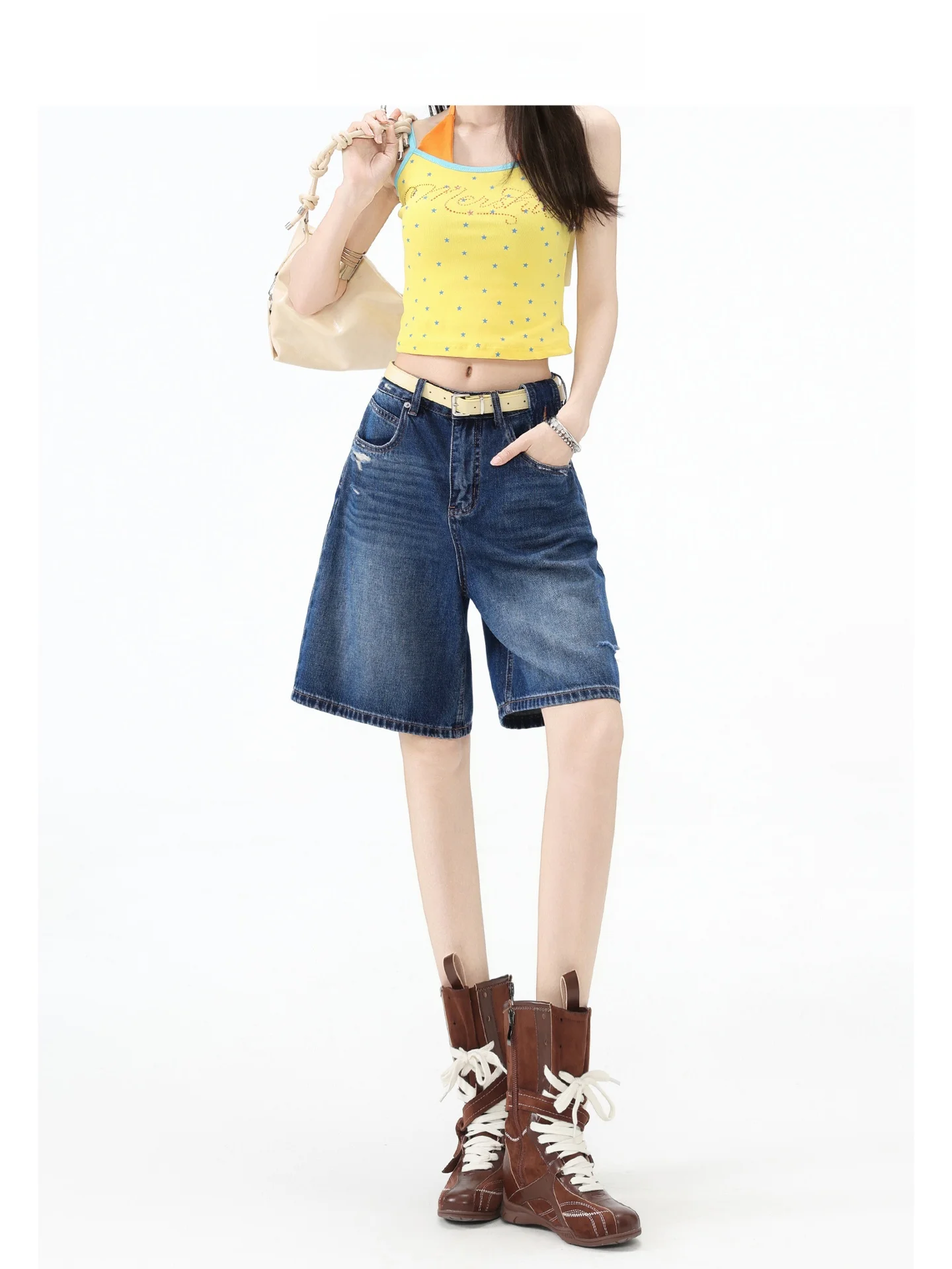 Shorts de Mezclilla Azules Vintage de Forever 21, Diseño Desgastado, Pierna Ancha, Cinco Bolsillos, Cintura Alta, Corte Recto, para Mujer