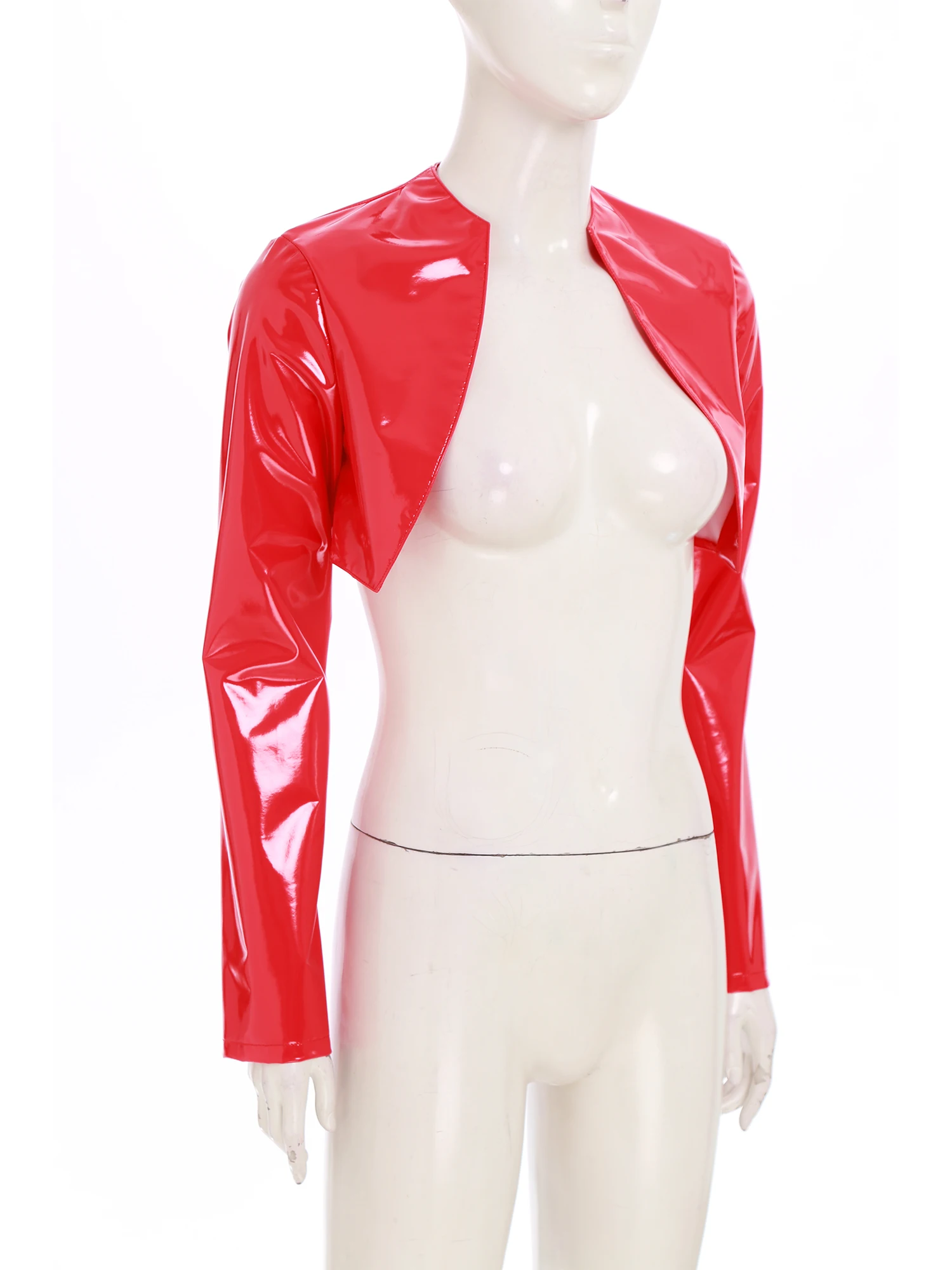 Jaket Pendek Atasan Crop Lengan Panjang Wanita Kardigan PU Mengkilap Jaket Crop Pengendara Sepeda Motor Tidak Bergaris Depan Terbuka untuk Menari Tiang
