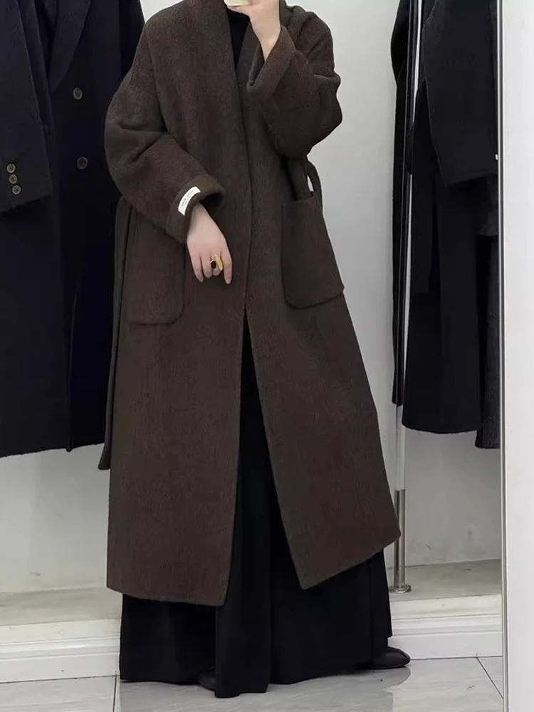 UCXQ Vintage Long Jacket European Style V-neck Lace Up Waist Loose All Match Elegant Woolen Coat Women 2024 Autumn Winter 3C1941