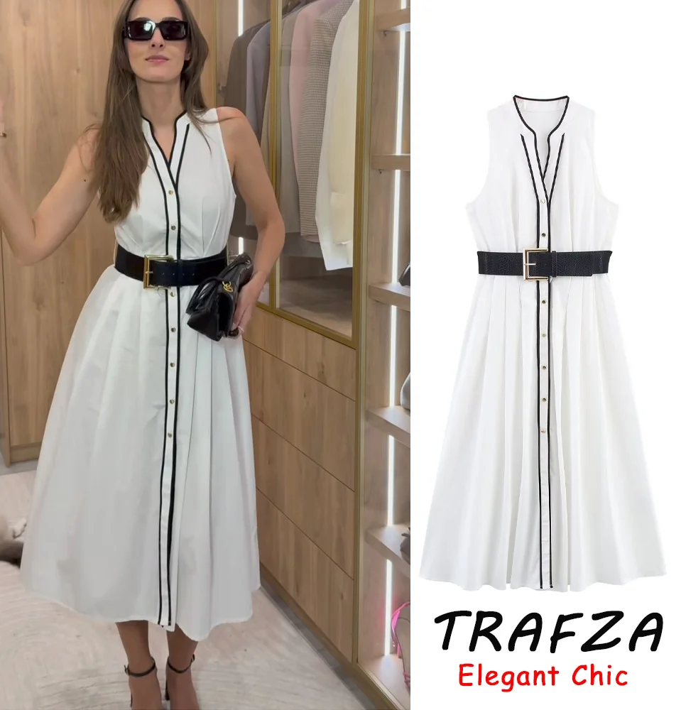

TRAFZA Elegant White Long Dress V-neck Sleeveless Belted Dress 2025 Summer Fashion Casual Versatile Lady Commuter Mujer Dress