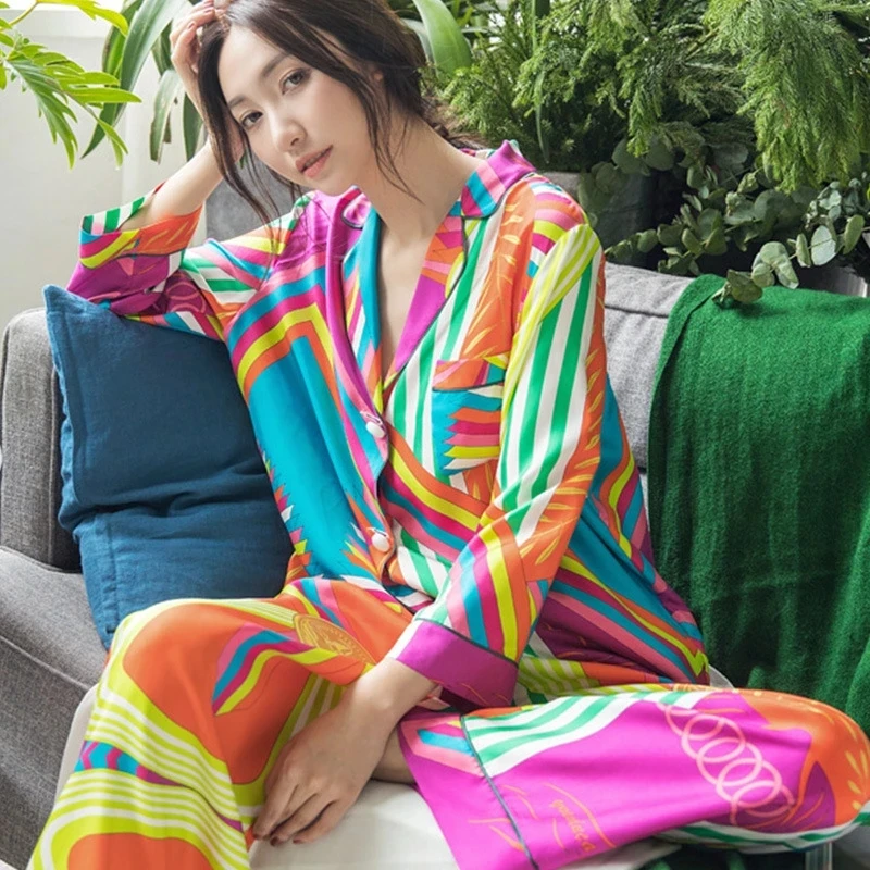 Women Silk Pajamas Autumn Korean Fashion Sleepwear Loose Cardigan Long Sleeves Pants Set 2 Piece Sexy Satin Pyjamas Home Clothes