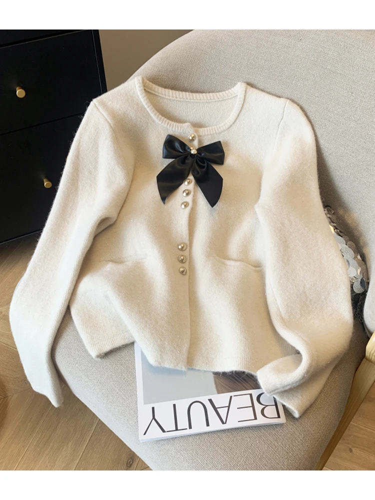 Autumn Winter Woman French Vintage Old Money Elegant Bow Cardigan O-Neck Mohair Sweater Long Sleeve Knitwears Aesthetic Korean