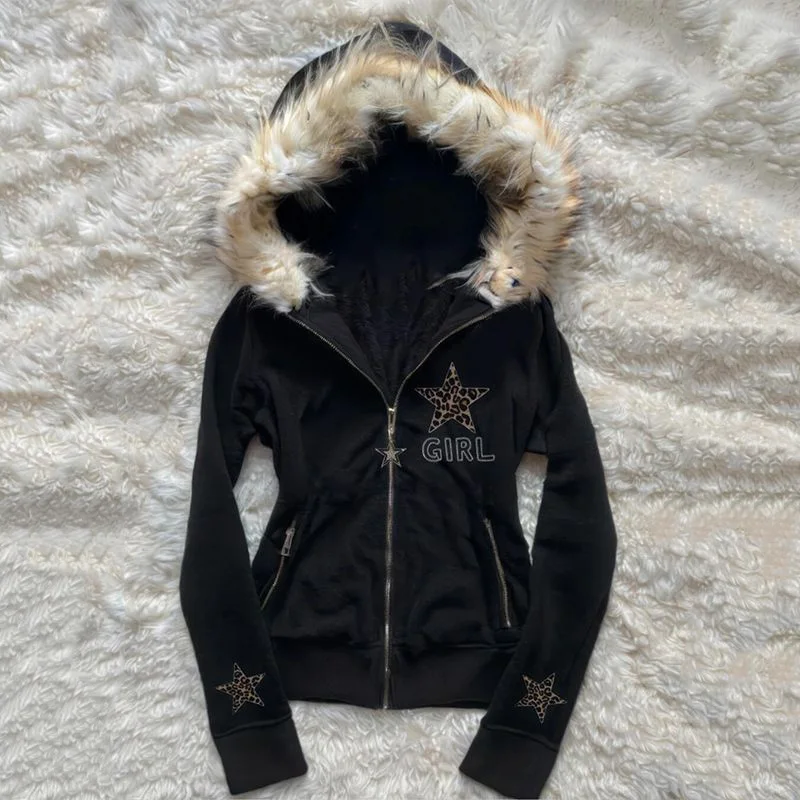 

Американские винтажные толстовки, пальто, женская одежда Y2K, черные топы с капюшоном и леопардовым принтом, повседневная мода на молнии, осень-зима