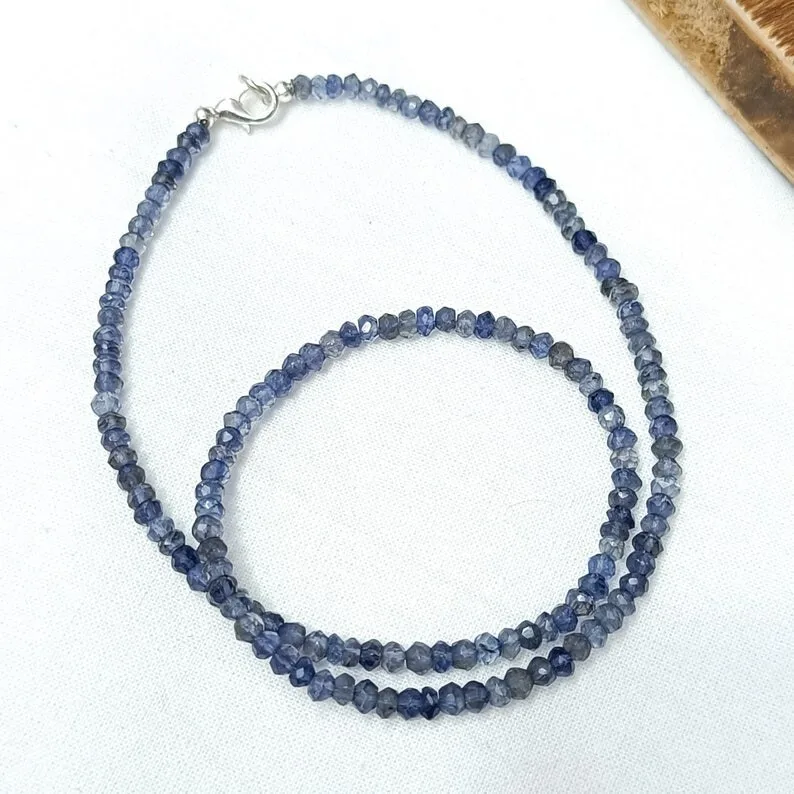 

3-4MM Natural Blue Iolite Faceted Rondelle Healing Gemstone Beaded 18" Necklace