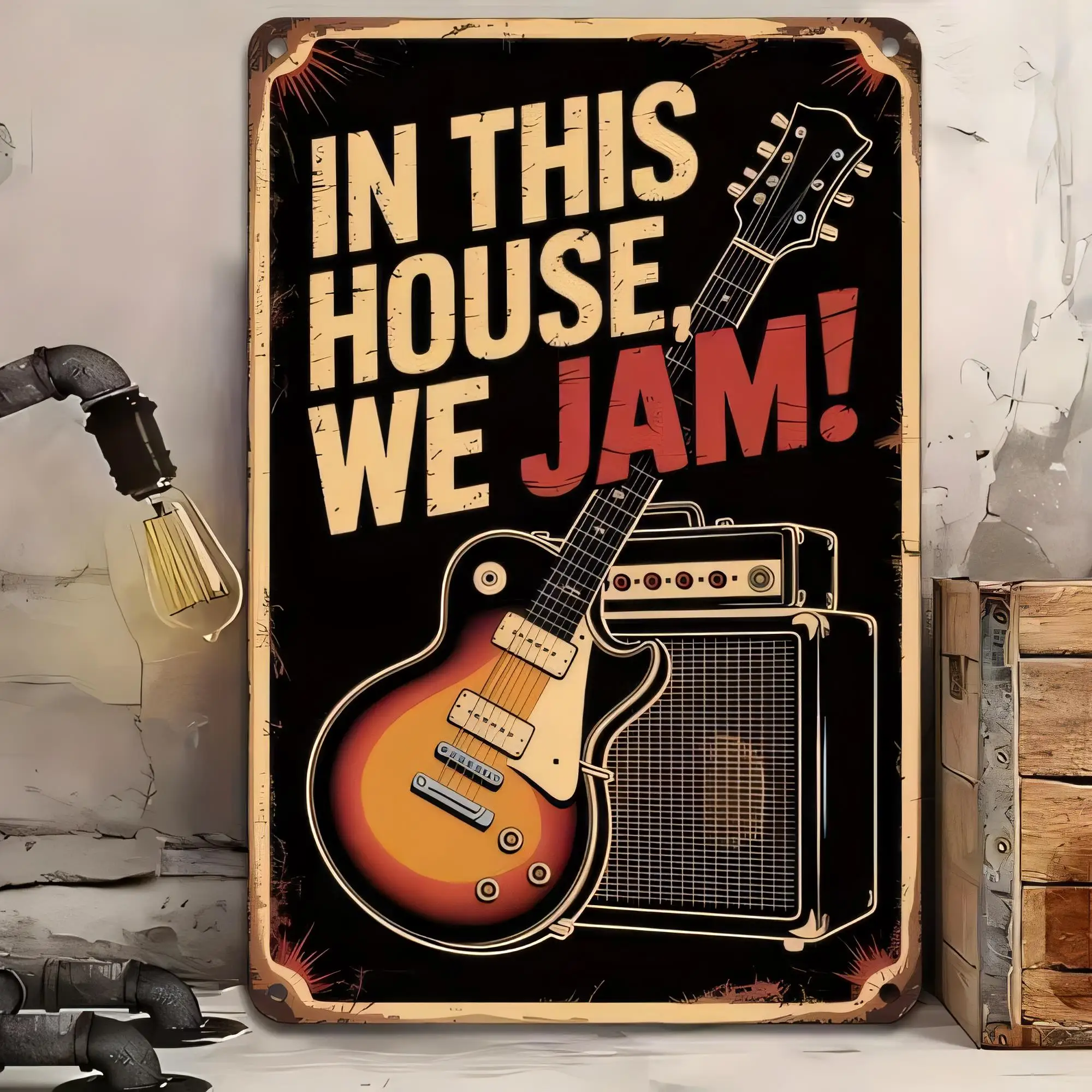 Tin Sign, In This House We Jam Music Guitar Amp Vintage Metal Wall Art, Retro Rock N Roll Poster, Rustic Home Bar Garage Decor,