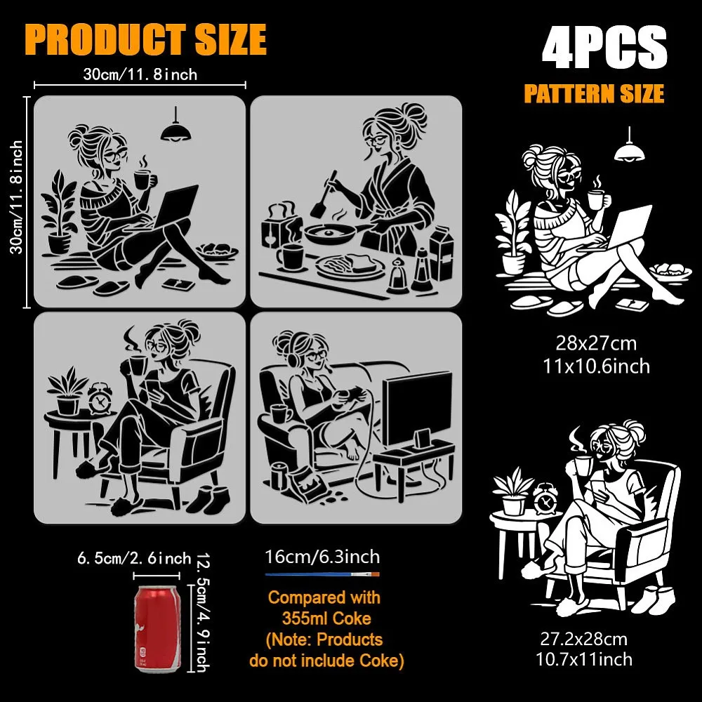 4PCS Woman Life Stencils 11.8x11.8inch with a Brush Woman Reading Cooking Painting Stencil Female Playing Games Daily Life