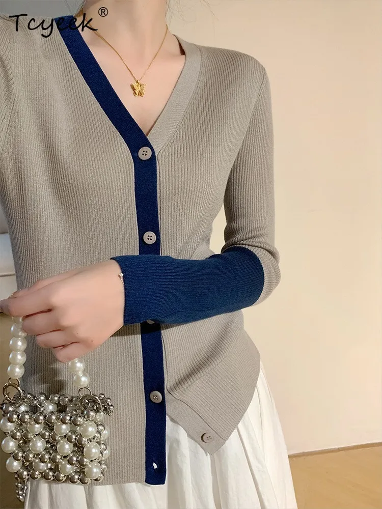 Tcyeek, cárdigans elegantes de mezcla de lana 32,4%, cuello en V de Color de contraste para mujer, chaquetas de punto informales de moda, Otoño Invierno C48142QM