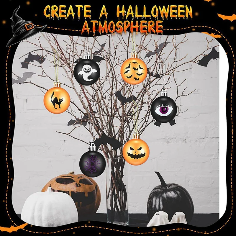 12Pc Halloween Tree Ball Oranment Ghost Spider Web Cat Printed Hanging Halloween Decor Hanging Glitter Ball Oranment Decorations