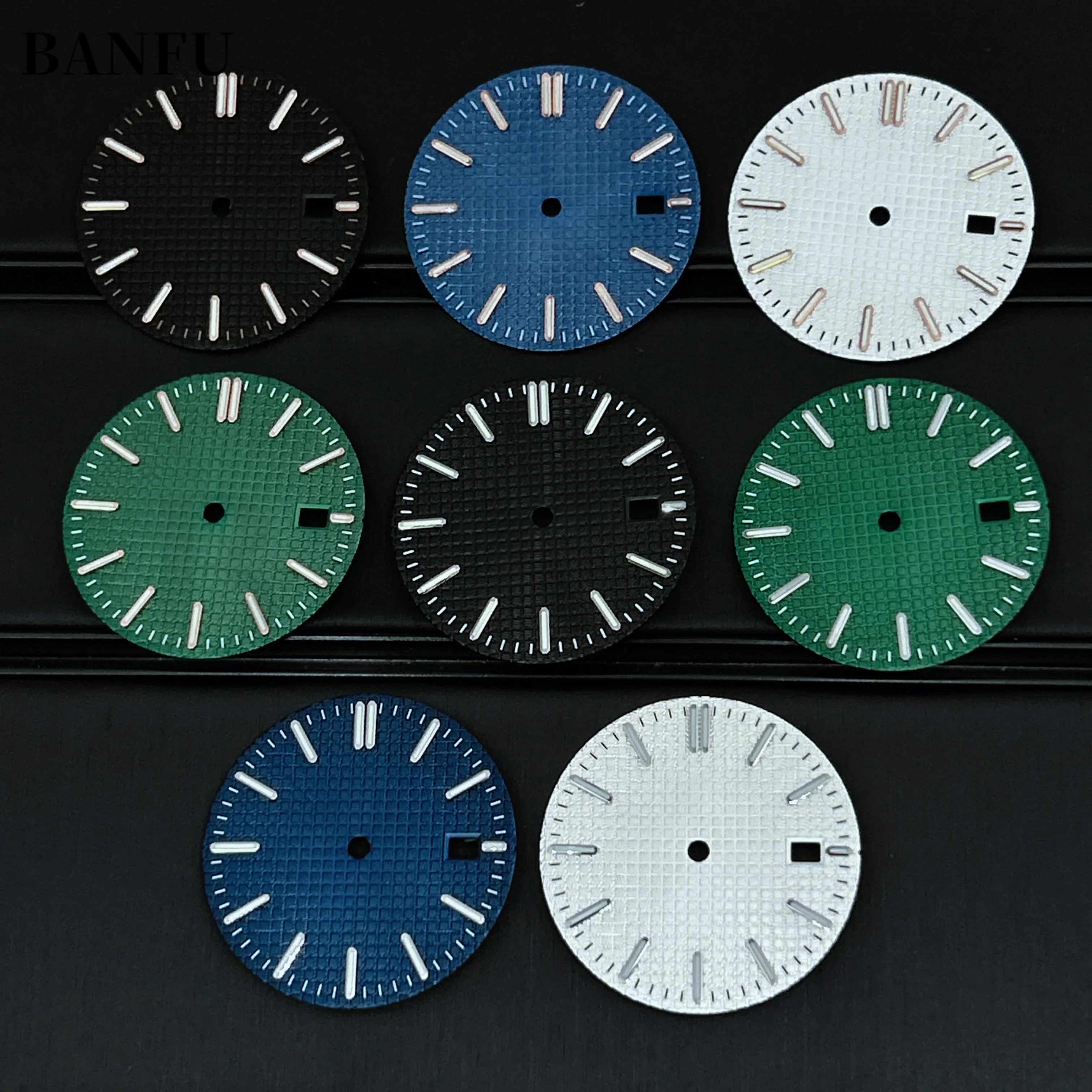 31.8mm Apsi Single Calendar Watch Dial Fit NH35 NH36/4R/7S Movement Green Luminous Watch Face Accessories and hands Custom LOGO