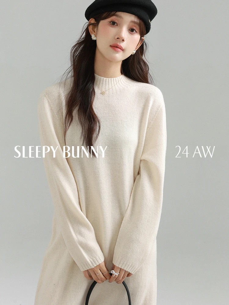 Elegant Wool Knit Dress Round Neck Long Sleeve Midi Slim Loose Outfit for Petite Women Autumn Winter Warm Casual Fashion 2025