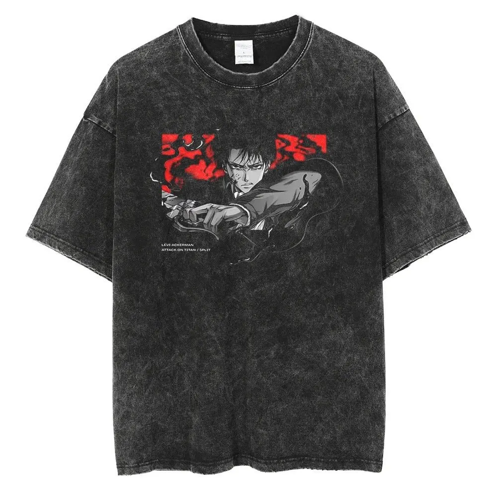 

Hot Anime Attack On Titan Levi Ackerman Cool Graphic Print T Shirt Men Women Washed Cotton Tshirts Harajuku Male Loose T-shirt