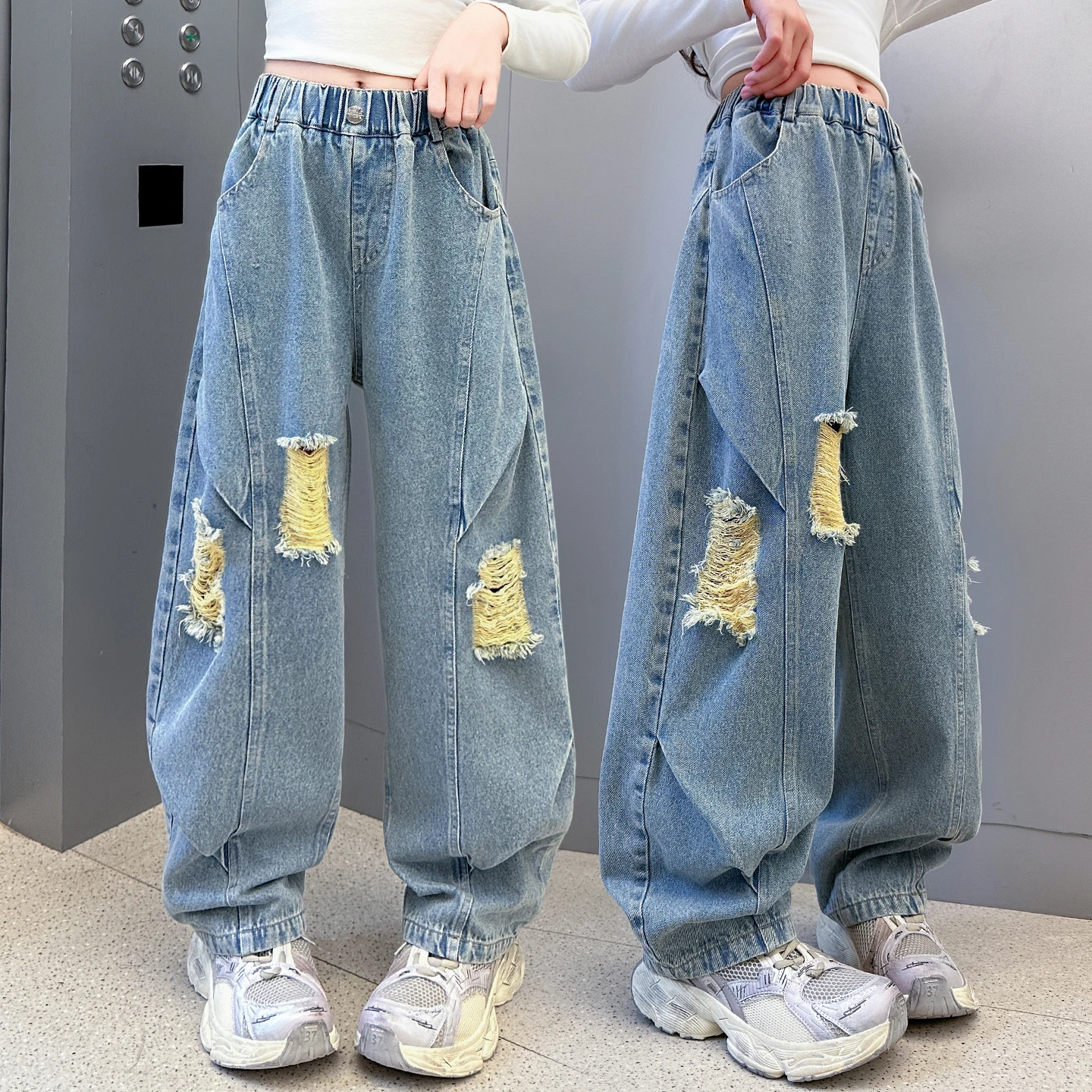 New Autumn Children's Ripped Jeans for Teenage Girls Casual Loose Straight Destroyed Blue Denim Trousers Age 5 7 9 11 13 14 Year
