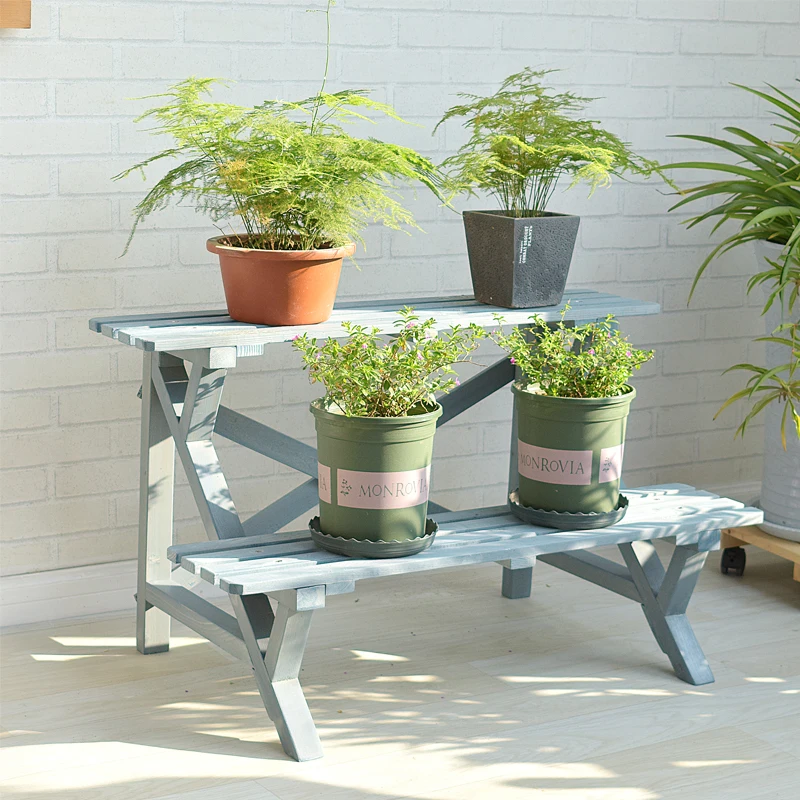 

‌ Ретро синяя повышающая деревянная подставка для растений для балкона, сада, улицы, водонепроницаемая и антикоррозийная напольная стойка для цветочных горшков
