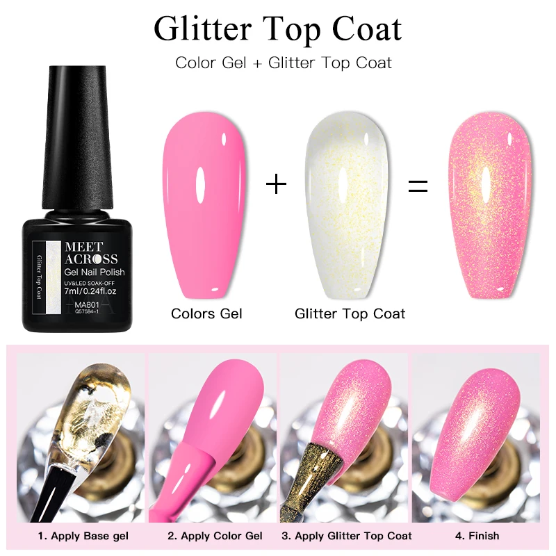 7ml 2 IN 1 Gold Silver Glitter Top Coat Gel Nail Polish Semi Permanent Soak Off UV Gel Varnish Can Be Applied On Any Color Base