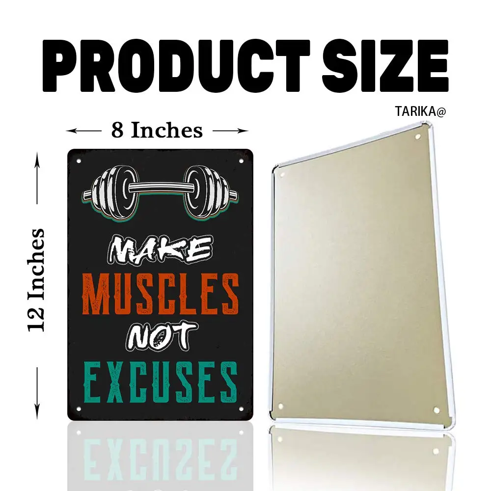 Fitness Metal Signs, Make Muscles Not Excuses 20X30 cm Iron Retro Look Decoration Painting Sign for Home Gym Training Room Bedro