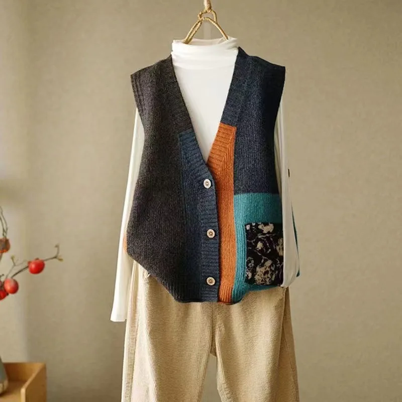 Women Retro Knitting Vest Patchwork Sleeveless Soft One Breasted Jackets Spring Autumn Female Casual All-match Knitted Sweater