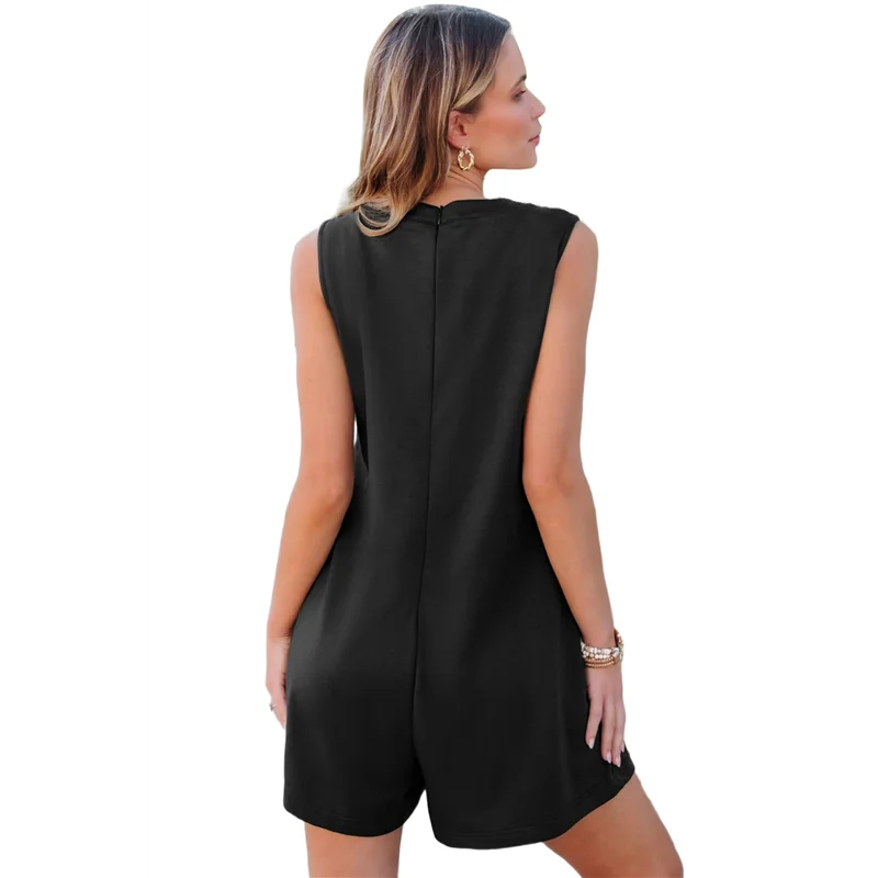 จั๊มสูทผู้หญิงทรงหลวม แขนกุด ผ้าพลีทผูกเอว คอวี รุ่น A83F สำหรับฤดูร้อน