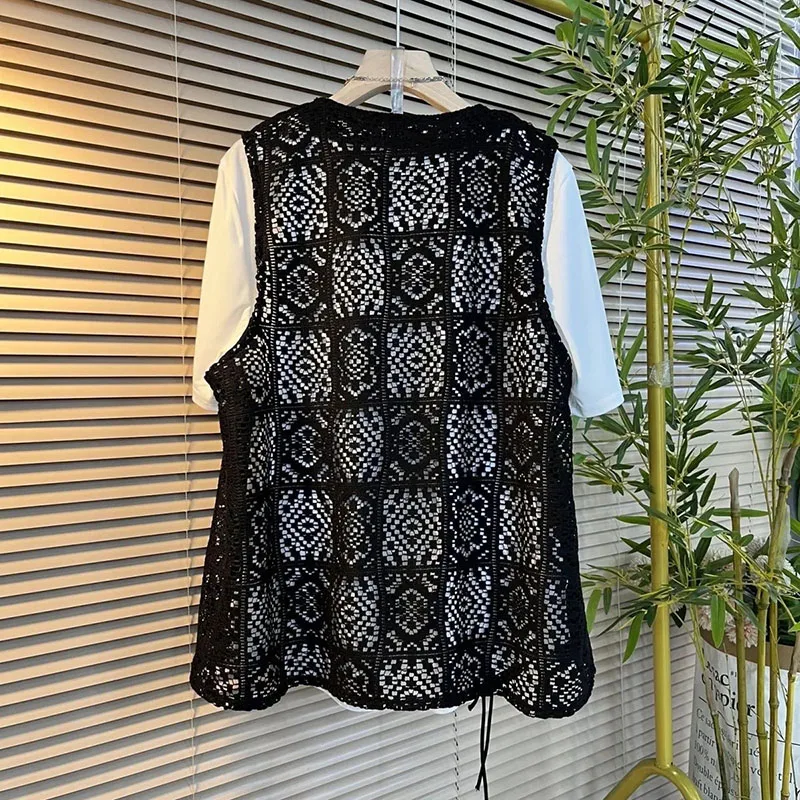 Knitted Cardigan Vest Women New 2024 Summer Korean All-match Thin Hollow Sleeveless Casual Waistcoat Short Vest Coat Female Tops