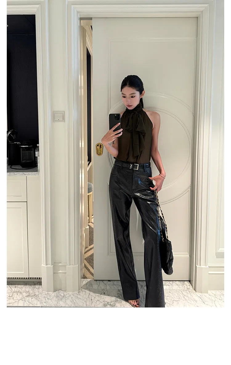 Lautaro Spring Autumn Shiny Lizard Print Pu Leather Straight Pants Women High Waist 2026 Chic Luxury Brands Alternative Pants