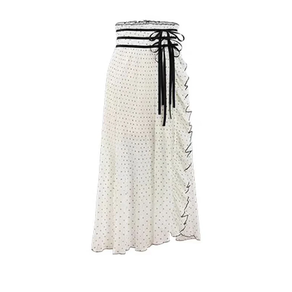 

White beautiful polka dot French new women's summer straps medium and long irregular ruffle edge polka dot skirt
