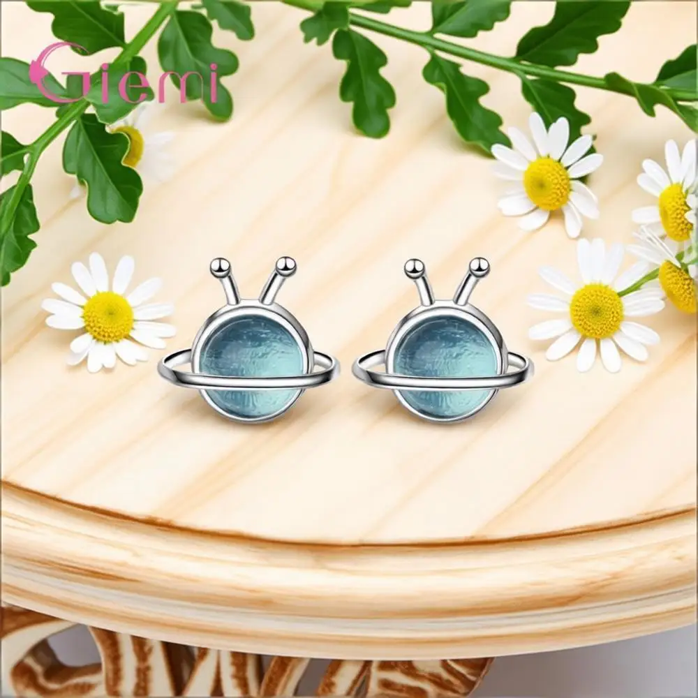 Cute Sweet 925 Sterling Silver Blue Planet Crystal Zircon Stud Earrings for Women Girls Wedding Party Fashion Jewelry Gifts