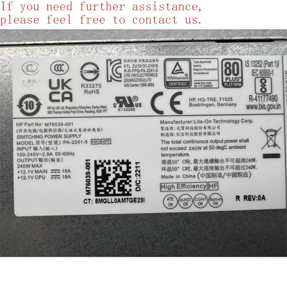 

Для HP Pro 400 G9R SFF M76039-001 PA-2241-5 240 Вт небольшой блок питания для шасси