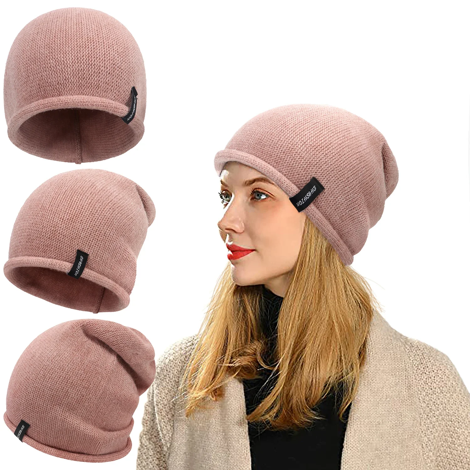 Women's Curled Edge Yarn Pullover Cap Cotton Cashmere Pile Long Tube Warm Knitted Cap Fashionable Winter Earflap Beanie