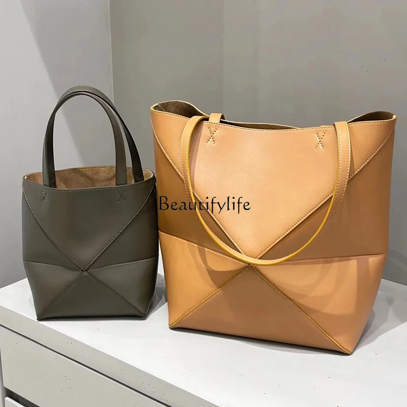 High-Grade Geometric Bag Folding Bag Leather One-Shoulder Portable