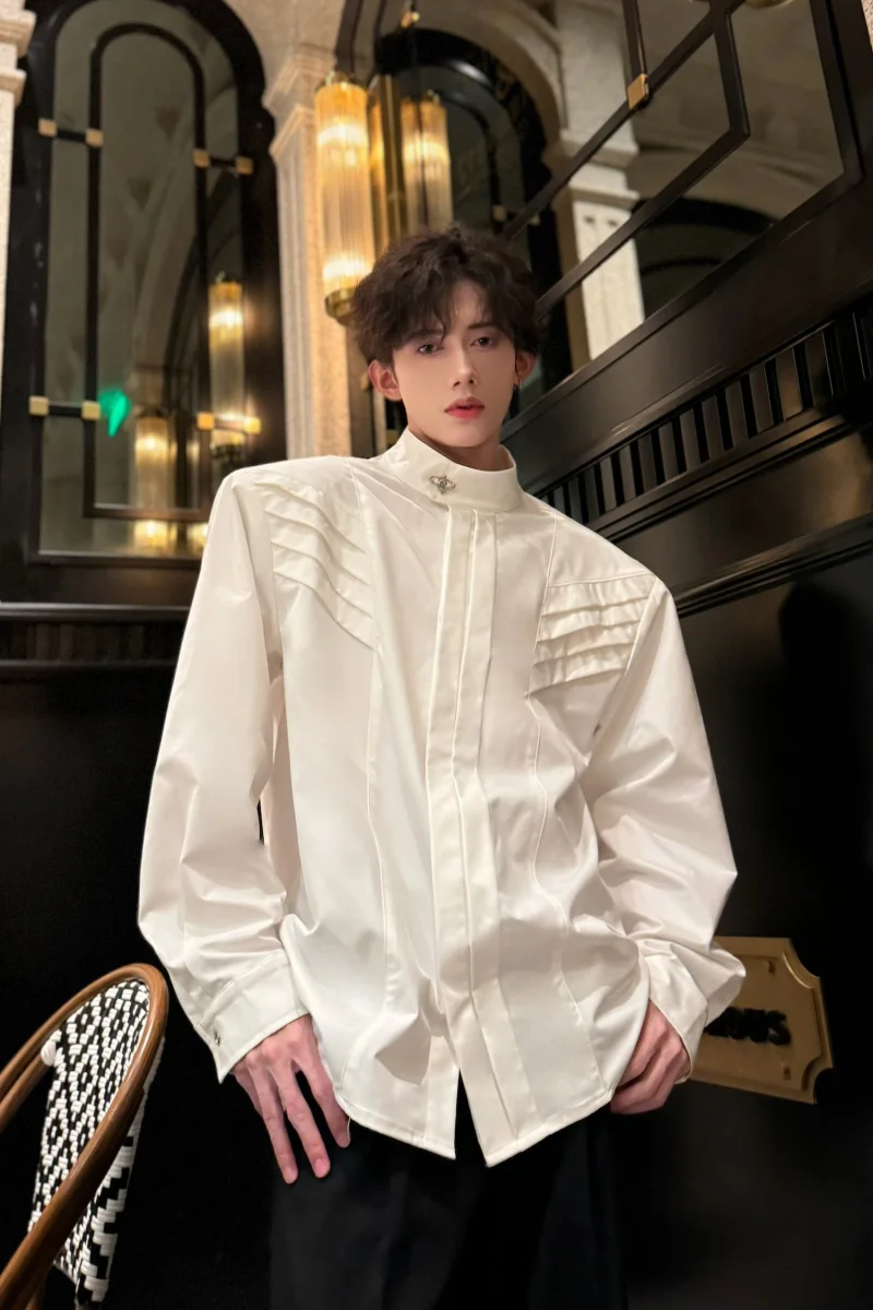 

Men's irt Jaet Design Sensation Stand Collar Padded oulder Anti-Crinkle Long Sve Youth Faion Spring 2024