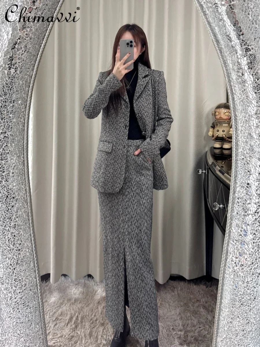 OL High-end Socialite Gray Tweed Herringbone Lapel Slim Suit Jacket Skirt 2-piece 2025 Spring and Autumn New Fashion Outfits