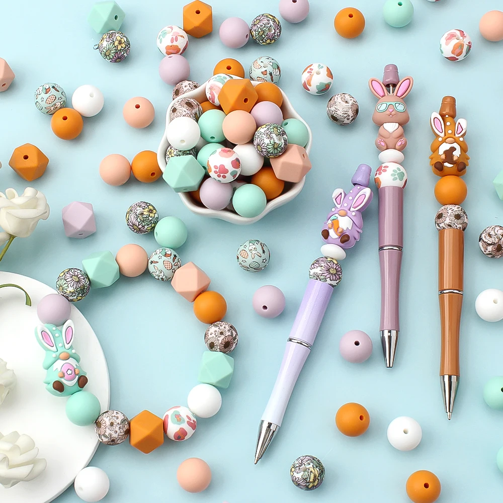 3D Silicone Beads Set Easter Bunny Eggs Focal Beads for Pen Making Jewelry Necklace DIY KeyChain Accessory Decorative Beads