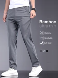 Bamboo Fiber Fabric Summer Men's Casual Pants Fashion Thin Soft Breathable Elastic Business Slim Straight Trousers Black Gray