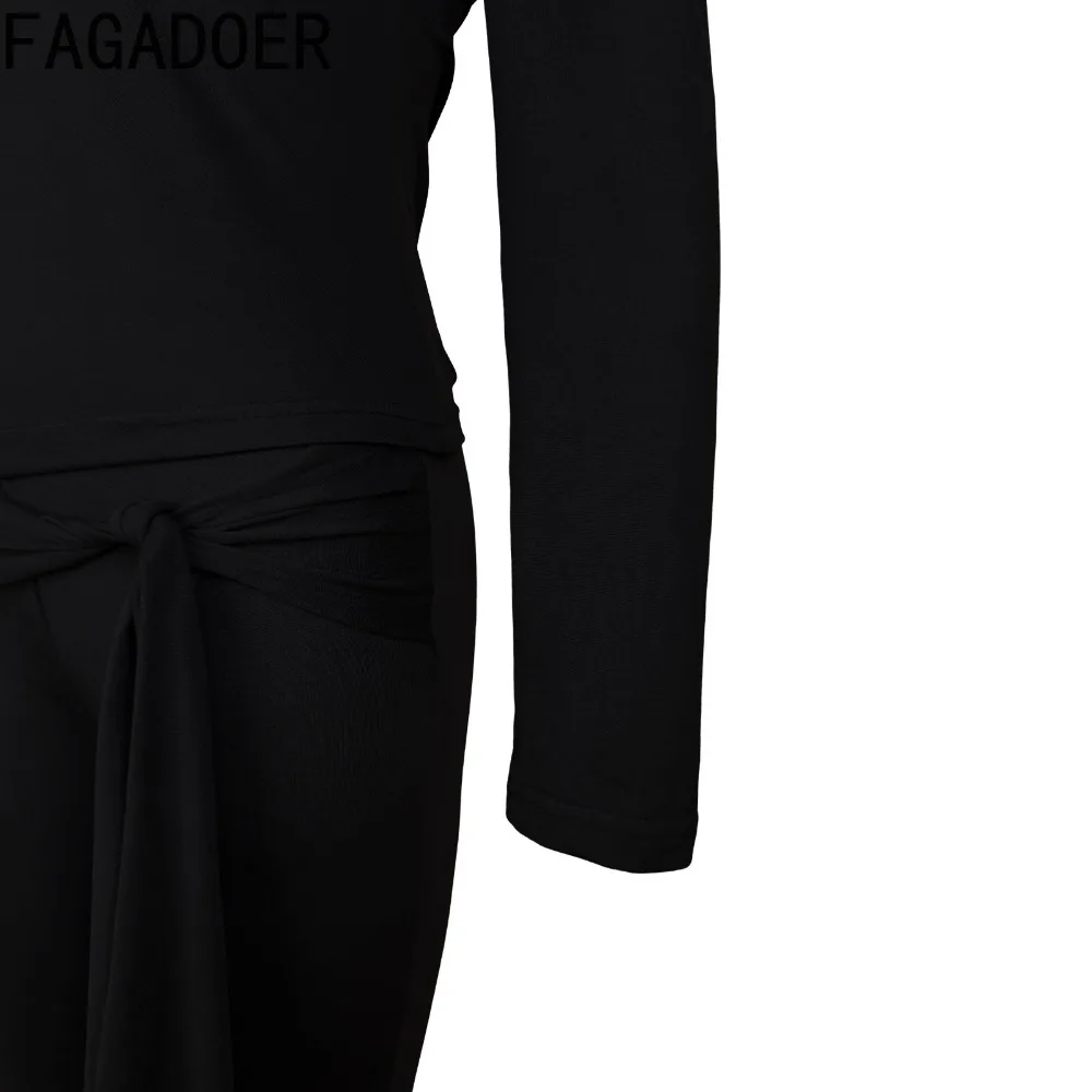 FAGADOER Women Fashion Two Piece Set Off Shoulder Long Sleeve Ruched Tie Top And Capri Pants Casual Bodycon Streetwear Outfit view 6