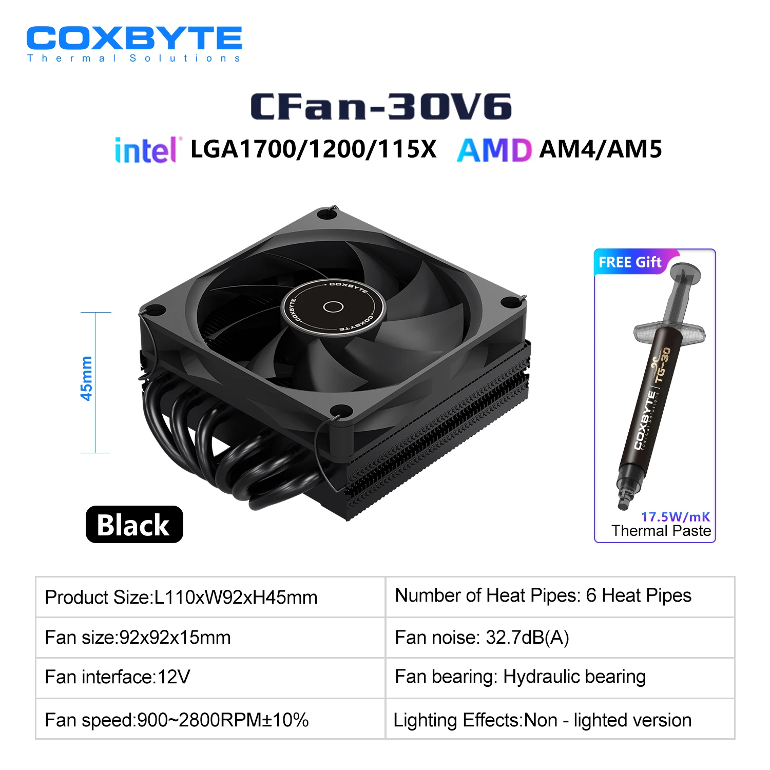 COXBYTE CFan-30V6 6 Heatpipes Down-druk CPU luchtkoeling Koeler 45 MM Hoge 9 CM Fan voor LGA1200/1700/AM4/5 ITX Chassis