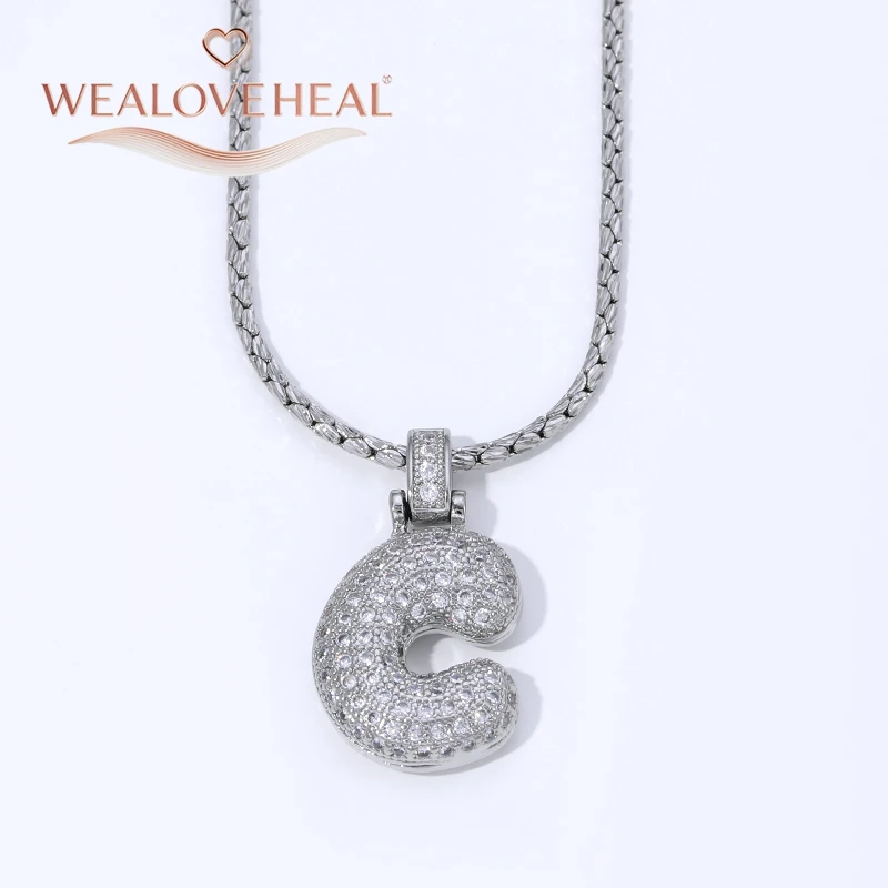 Rhodium-Plattierte A-Z Bubble Initial-Halskette, Puff-Ballon-Buchstaben-Anhänger-Halsketten mit Zirkonia, Hip-Hop-Schmuck-Geschenk für Frauen und Männer – Detail 21