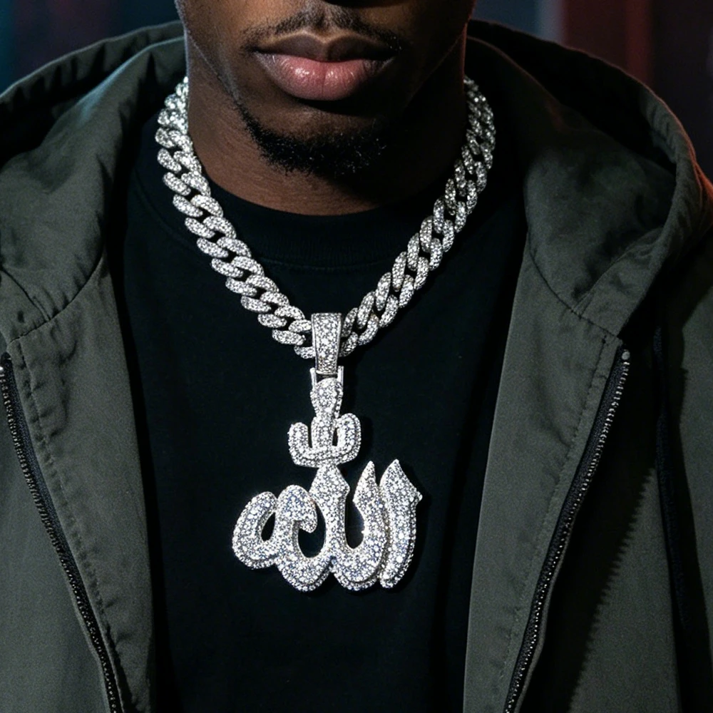 Iced Out Sparkling Islam Muslim Rune Pattern Pendant Allah Religious Necklace Pave Zircon CZ Letter Men's Hip Hop Jewelry Gifts
