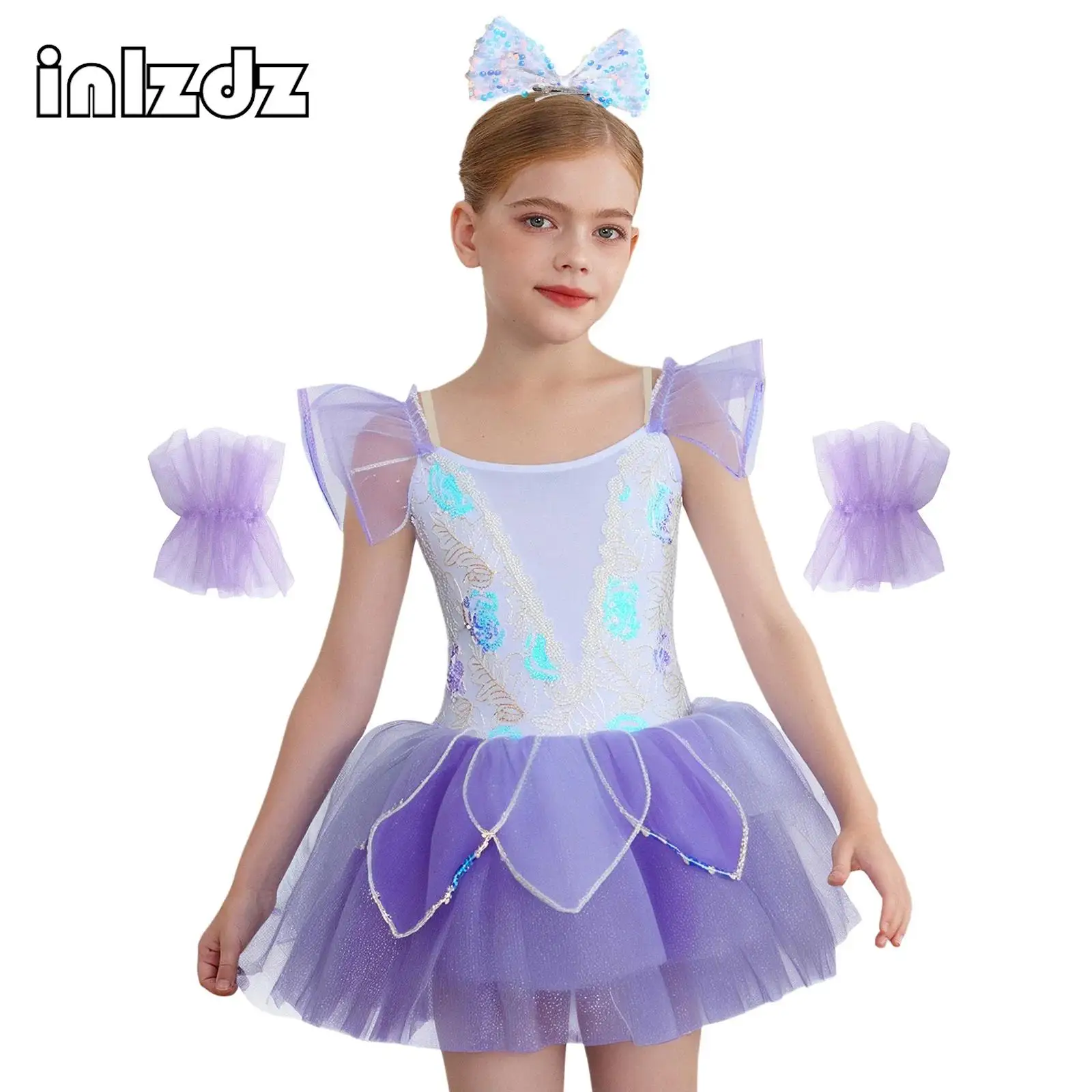 

Kids Girls Ballet Dance Tutu Dress Sequins Embroidery Bodice Layered Tutu Dress with Accessories Set for Dance Party Performance