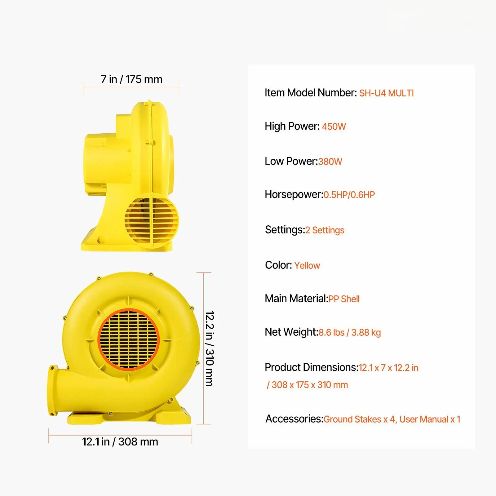 Inflatable Blower, 380W&450W, 0.5 & 0.6 HP Bounce House, Pump Commercial Air for, Bouncy Castle Electric Fan Perfect