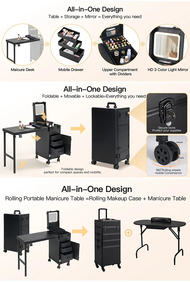 Obox Factory Sport Nail Table With Lighted Mirror Changed Colors Manicure Desk With Drawer Makeup Case For Salon Studio